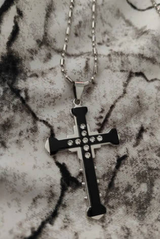 Steel Cross Pendant Necklace With Zircon Inlaid - Black