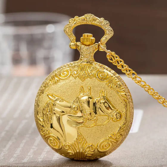 Golden Three Horses Pocket Watch