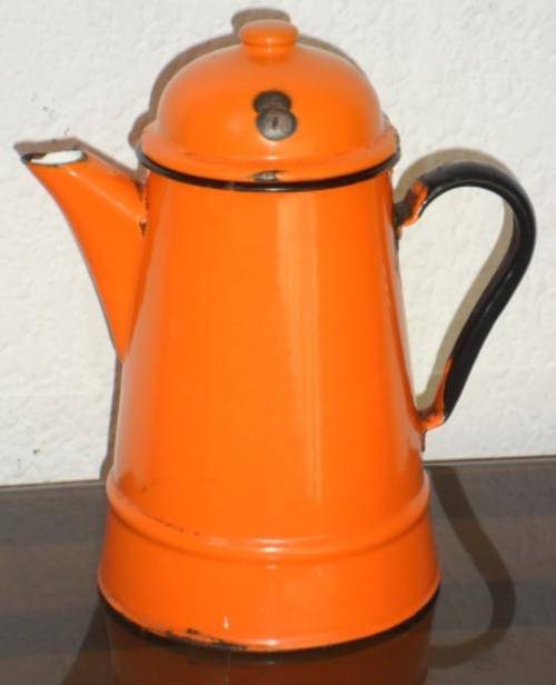 Large, retro, orange enamel coffee pot, made in Poland
