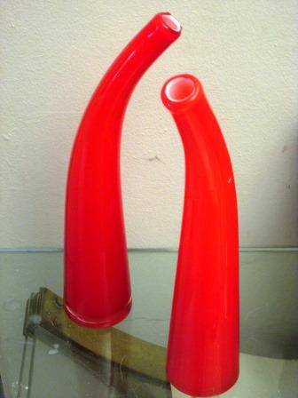 Pair of large retro sculptural hand blown cased glass bottle vases 32 cm tall