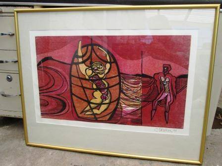Large framed Cecil Skotnes woodcut "Wolraad Woltemade's Promenade, No:1" signed and Dated 1975