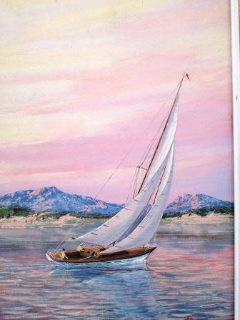Original framed sailboat in seascape oil painting by South African artist Roy Gardener
