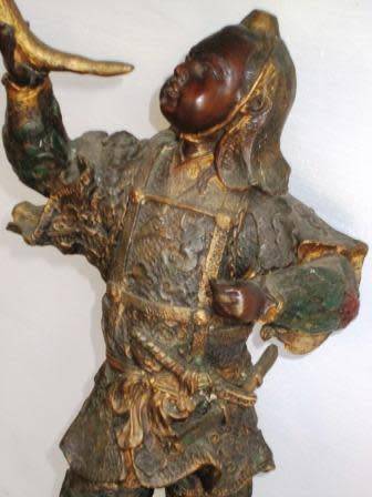 Large Antique Cold Painted Solid Bronze Chinese Warrior Statue