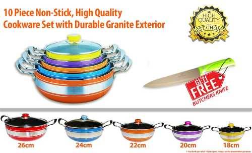 10 PIECE FORGED ALIMINIUM COOKWARE SET WITH TEMPERED GLASS LID AND STAINLESS STEEL BUTCHERS KNIFE