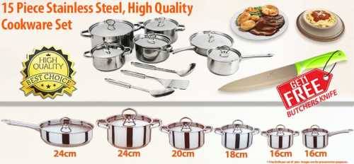 15 PIECE HEAVY STAINLESS STEEL COOKWARE SET WITH FREE BUTCHER KNIFE INCLUDED