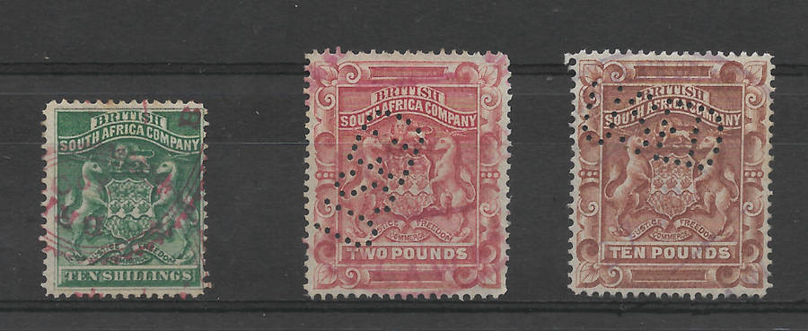 BSAC 1892 SACC9/11/13 (10s, £2, £10) Very fine Fiscal Used - (CV Postal R23,500) - Fill the gap