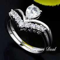 Size 5 !! 2pcs V Shaped 10 stone 1.6ct Wedding Ring Set clad in 18K White Gold !!