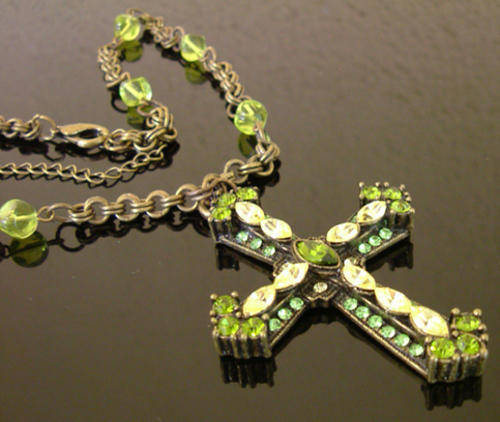 Green Peridot and Golden Citrine Simulant Genuine Crystal Cross Pendant with Bronze Chain!!