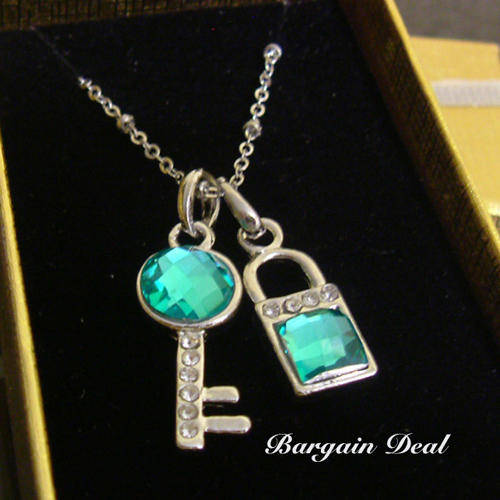 R90 only! Gorgeous Turquoise Blue Cushion Cut Crystal Key and Lock Pendant with Silver Chain !!