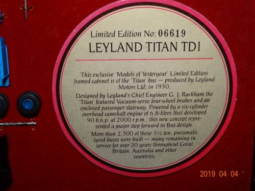 MatchBox - Framed Model -  Models of Yesteryear Leyland Titan TD1 Bus - Swan Fount Pens - LIMITED ED