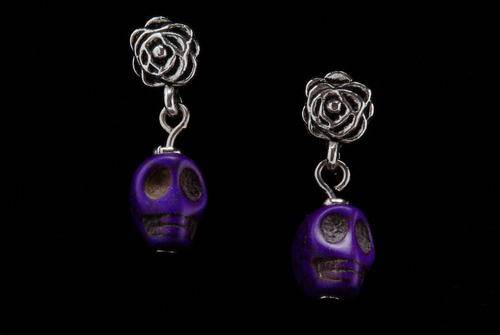 Purple Howlite Stone Skull and Antiqued Silver Alloy Rose Stud Earrings