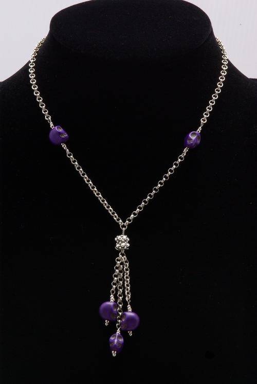 Purple Howlite Stone Skull and Antiqued Silver Alloy Lariat Style Necklace