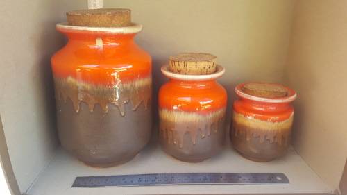 Vintage - Glazed Stoneware - Set of 4 Cascading - Jars with Cork lids (Reserved for Pamela Greyling)