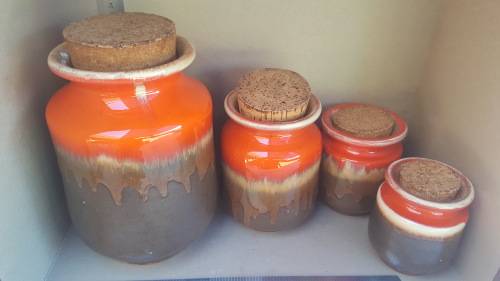Vintage - Glazed Stoneware - Set of 4 Cascading - Jars with Cork lids (Reserved for Pamela Greyling)