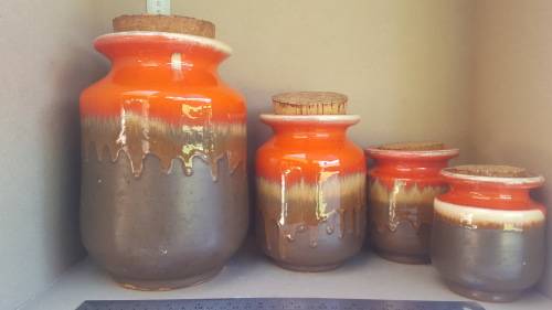 Vintage - Glazed Stoneware - Set of 4 Cascading - Jars with Cork lids (Reserved for Pamela Greyling)