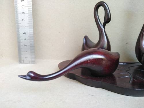 Vintage! - 5 Piece - Majestic  Ebony Wooden Swan Family - Hand Carved On Wooden Base