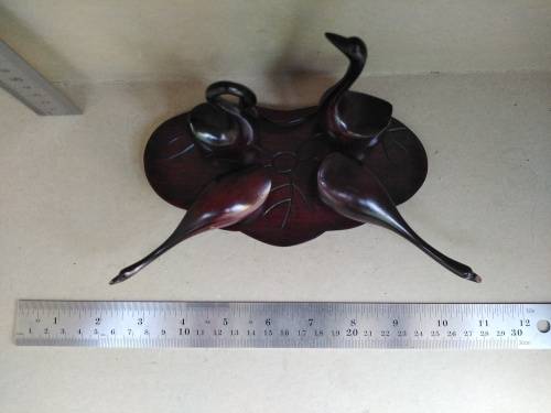 Vintage! - 5 Piece - Majestic  Ebony Wooden Swan Family - Hand Carved On Wooden Base
