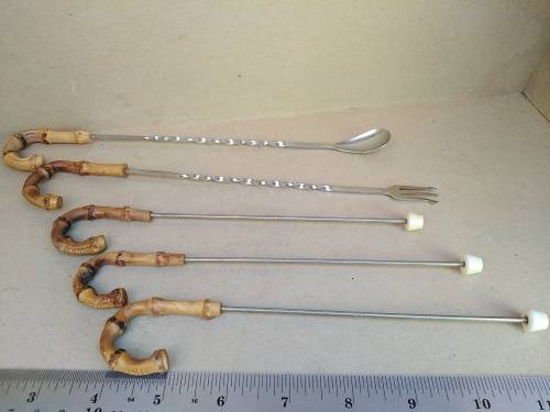 Bamboo Cane Handle -Cocktail Set - Long Spoon And Fork With 3 Skewers