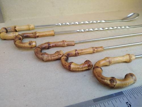 Bamboo Cane Handle -Cocktail Set - Long Spoon And Fork With 3 Skewers