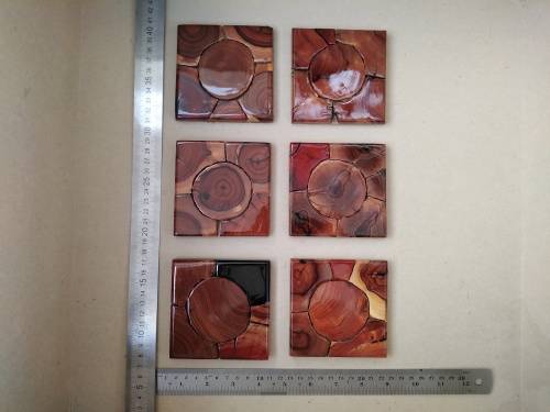 Vintage! Weatherwoods SA - Live Edge / Wooden Slice Mosaic - Set Of 6 Square Coasters /Trivets