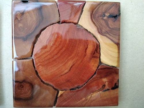Vintage! Weatherwoods SA - Live Edge / Wooden Slice Mosaic - Set Of 6 Square Coasters /Trivets
