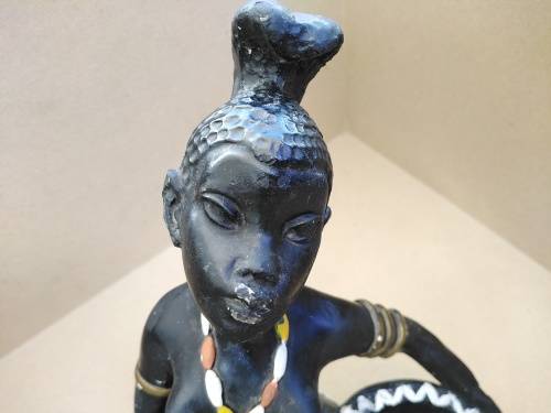 Africana! Hand painted - Plaster Sculpture - African Woman Holding Pot (Repaired)
