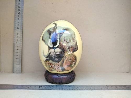 Africana! - Hand Made - Decoupage Ostrich Egg - Big Five (Signed) - With Wooden Stand