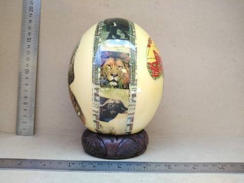 Africana! - Hand Made - Decoupage Ostrich Egg - Big Five (Signed) - With Wooden Stand