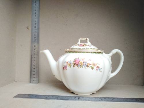 Vintage! England - JOHNSON BROS - Victorian - Porcelain Teapot With Floral Design - (Repaired Lid)