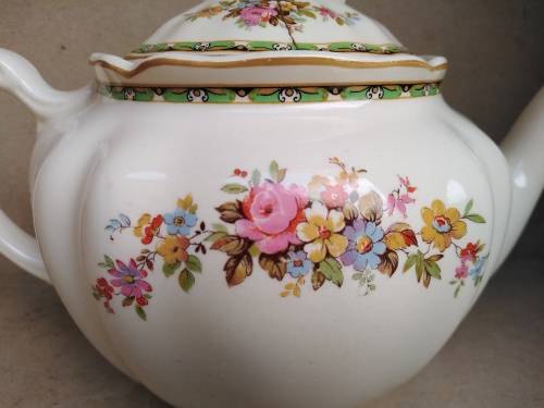 Vintage! England - JOHNSON BROS - Victorian - Porcelain Teapot With Floral Design - (Repaired Lid)