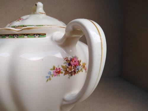Vintage! England - JOHNSON BROS - Victorian - Porcelain Teapot With Floral Design - (Repaired Lid)