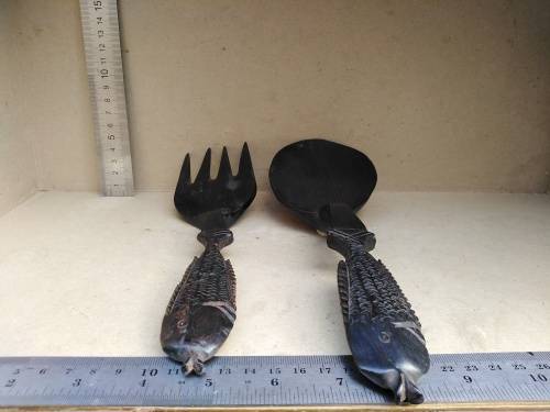 Africana! - Ebony - Set Of Wooden Salad Servers - Fish Handles