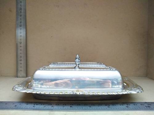 Vintage! Silver On Brass Double Compartment Butter Dish With Lids and Glass Insert
