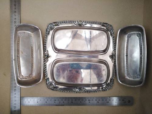 Vintage! Silver On Brass Double Compartment Butter Dish With Lids and Glass Insert