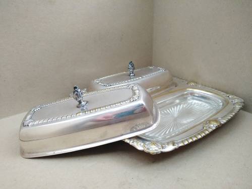 Vintage! Silver On Brass Double Compartment Butter Dish With Lids and Glass Insert