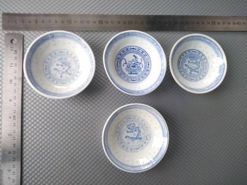 Vintage! Chinese - Dragon / Chrysanthemum - JingDeZhen - Translucent Rice Eye - Set Of 4 Rice Bowls