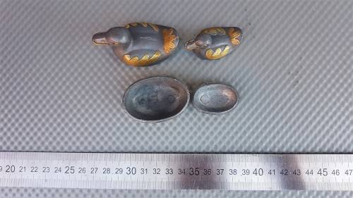 Vintage!  Pewter Metal With Brass Trinket Boxes - Mom & Duckling.