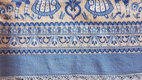 Vintage! - Austria Germany - Tapestry Table Runner - Artisan Folk Art Blue Design Fabric