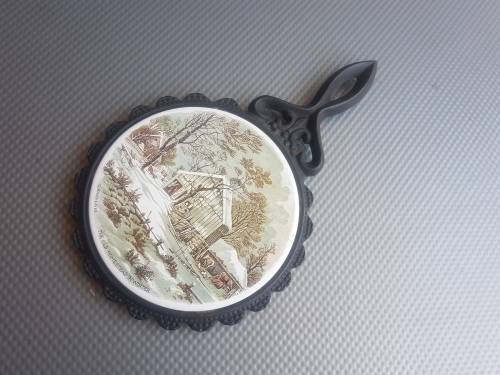 Vintage! Currier & Ives Cast Iron And Ceramic Trivets.