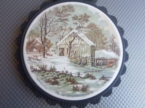 Vintage! Currier & Ives Cast Iron And Ceramic Trivets.