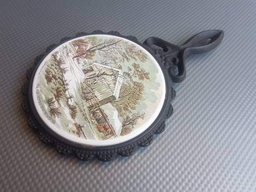 Vintage! Currier & Ives Cast Iron And Ceramic Trivets.