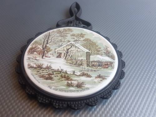 Vintage! Currier & Ives Cast Iron And Ceramic Trivets.