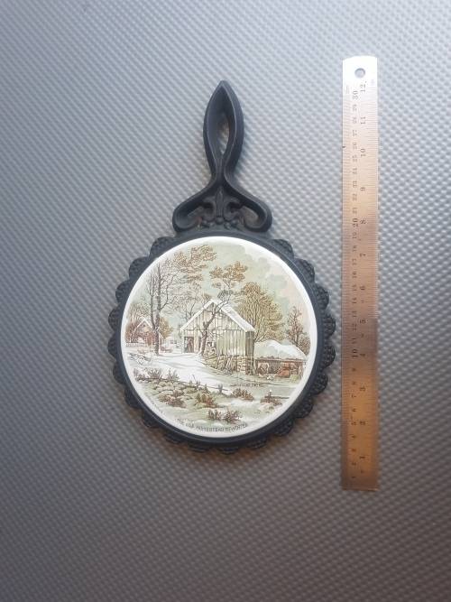 Vintage! Currier & Ives Cast Iron And Ceramic Trivets.