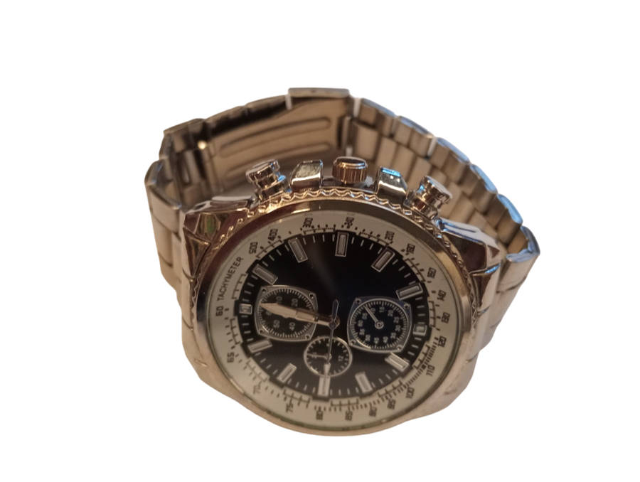 Stylish Mens Analogue Watch Stunning Mixed Colour Black and White Large Face Design With Tachymeter