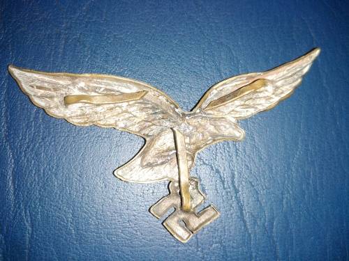 Luftwaffe Brass Pith Helmet Eagle with original three pins-Size 67mm x 30mm