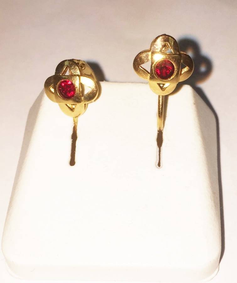 9K solid 9  carat  Gold ,  Sheperd hook Earrings with a  red stone-- special reduced
