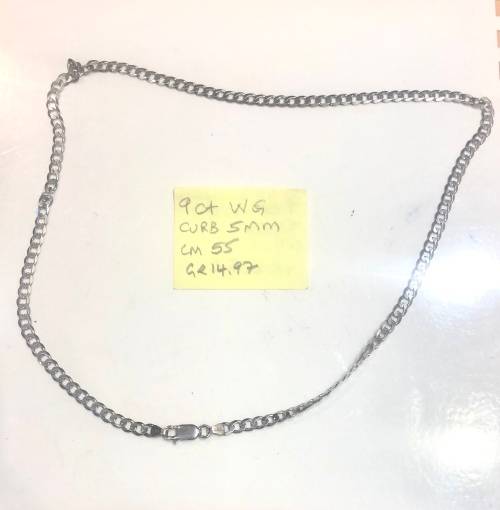 9K- Genuine 9 carat solid,Gents white Gold Necklace , Flat curb link  cm  55 long  - 5.0  mm wide