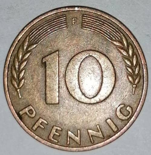 1971 F - 10 PFENNIG - TEN PFENNIG - GERMANY - FEDERAL REPUBLIC - (Brass Clad Steel) KM# 108