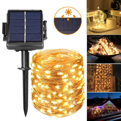 10M Outdoor Solar LED Light Waterproof Copper Wire Fairy Light Balcony Garden Decorative Trees Color