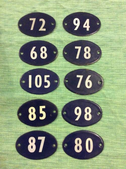 LOT TEN ENAMEL HOUSE NUMBERS - BID PER NUMBER FOR ALL - 8cm wide -  GREAT FIND -